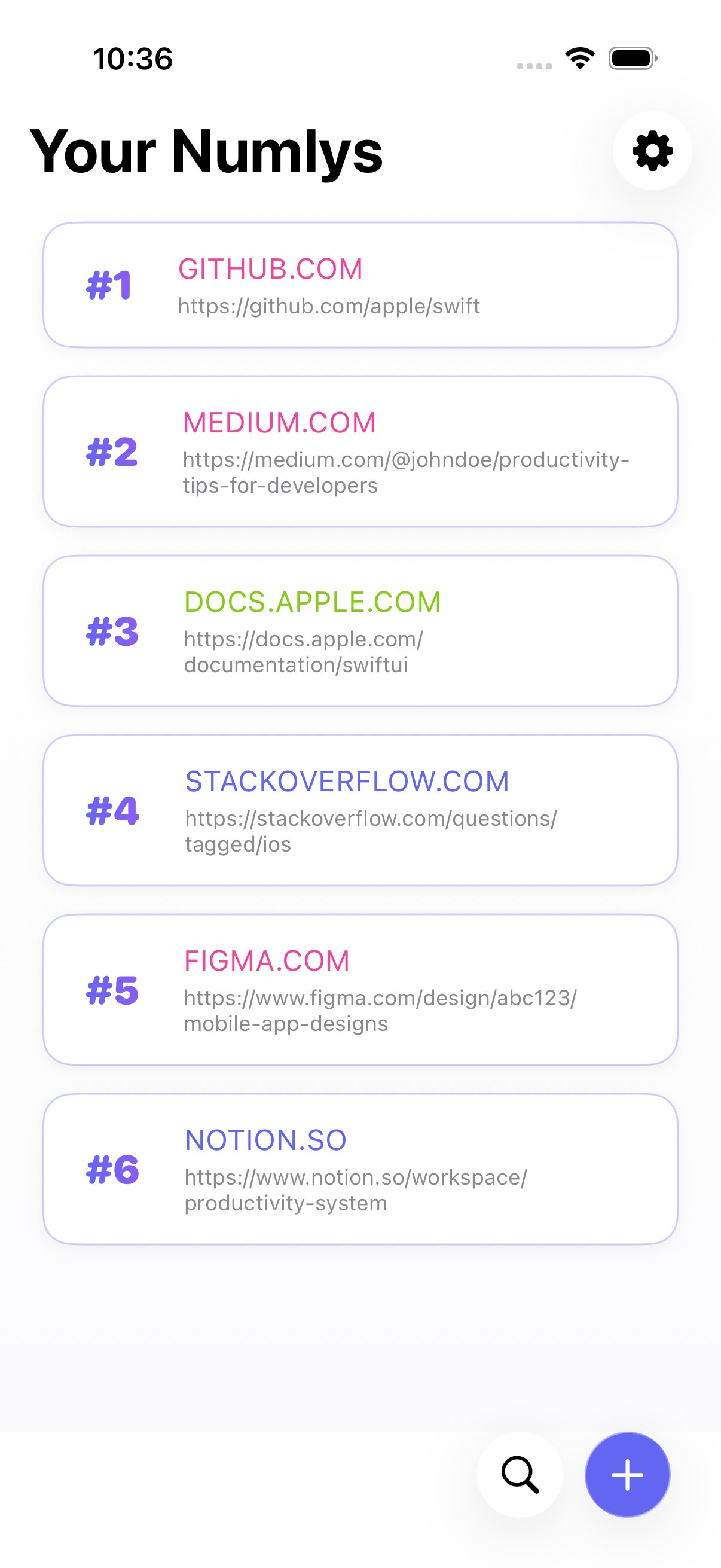 Numly app showing URL list with numbers